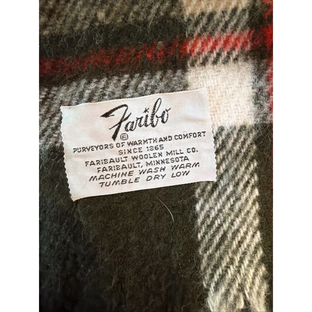 Faribo Wool Throw Blanket Brown White Red Plaid Fringe 57 inches x 43 inches VTG